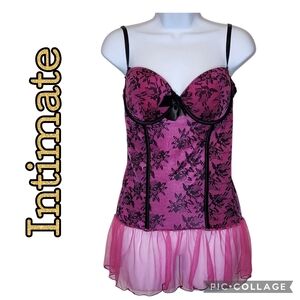 CORSET Bustier Pink/Purple & Black Lace Adj Straps Padded Cups Size XL